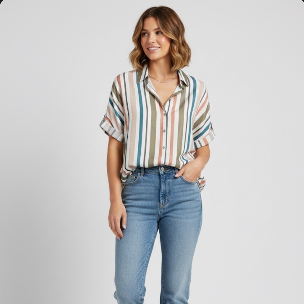 Amaryllis Multi-Color Striped Button-Down High-Low Blouse size large